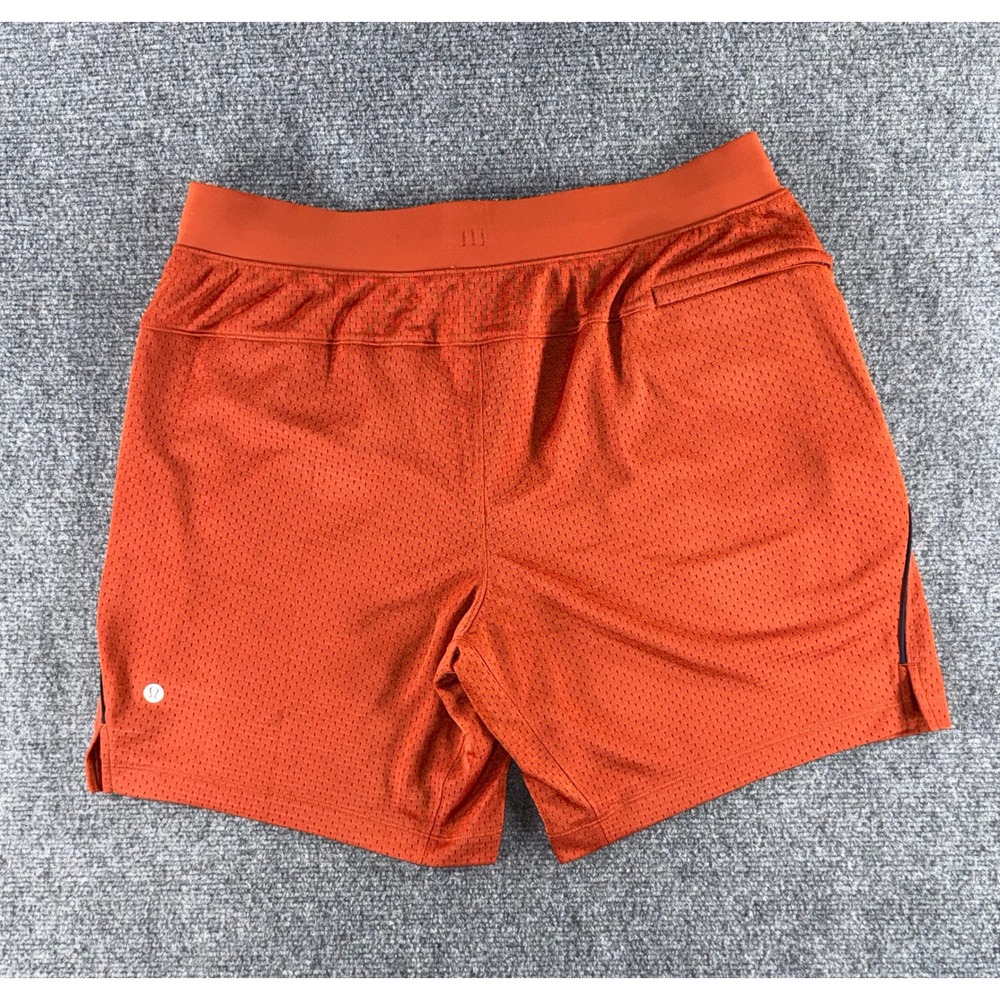 Lululemon Mens Double Layered Mesh Short 7 LL Orange Basketball Gym Shorts L - Picture 2 of 7